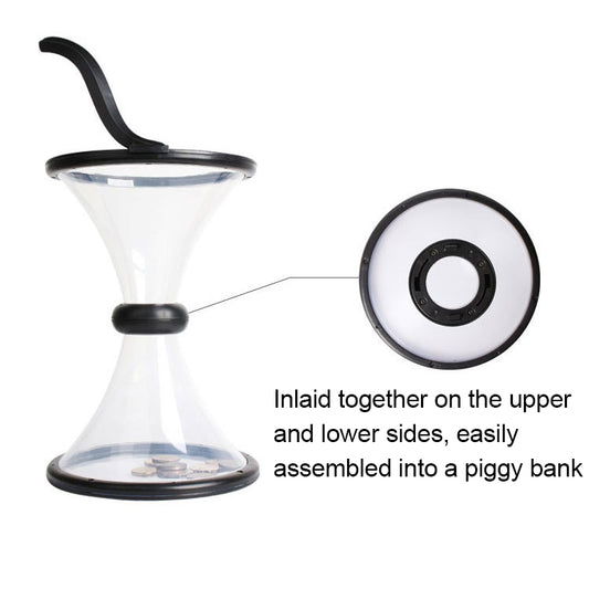 Transparent gravity coin funnel with black lid base and circular coin slot opening