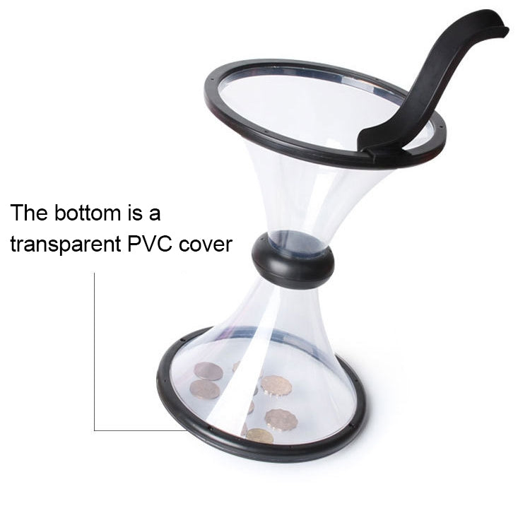 Clear PVC gravity coin funnel with black handle and round base cover