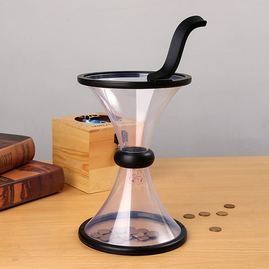 Transparent gravity coin funnel with black rotating funnel and base for coin storage