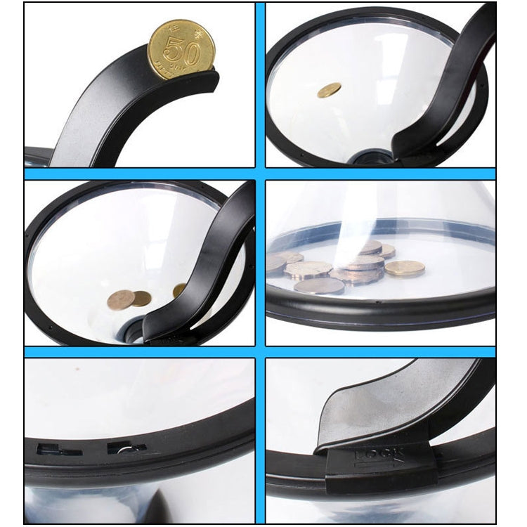 Close-up views of clear coin funnel showing coin intake and bottom lid