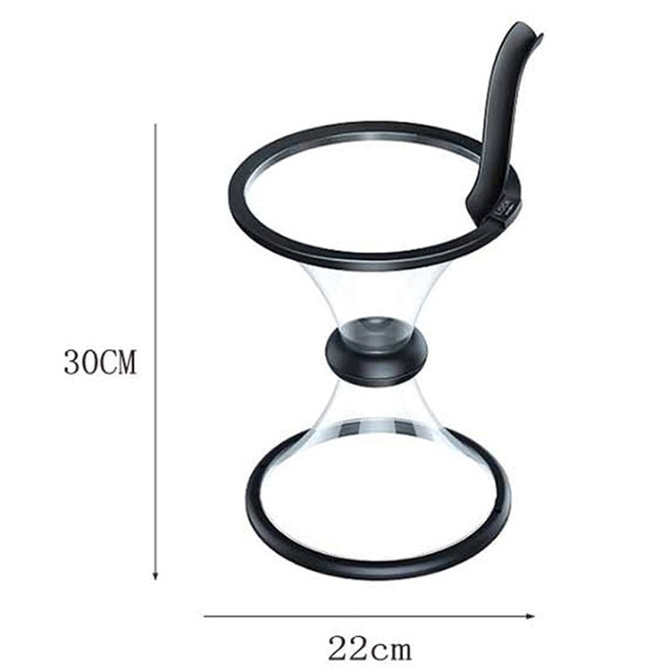 Transparent gravity coin funnel with black base, side handle, and size outline 22cm x 30cm