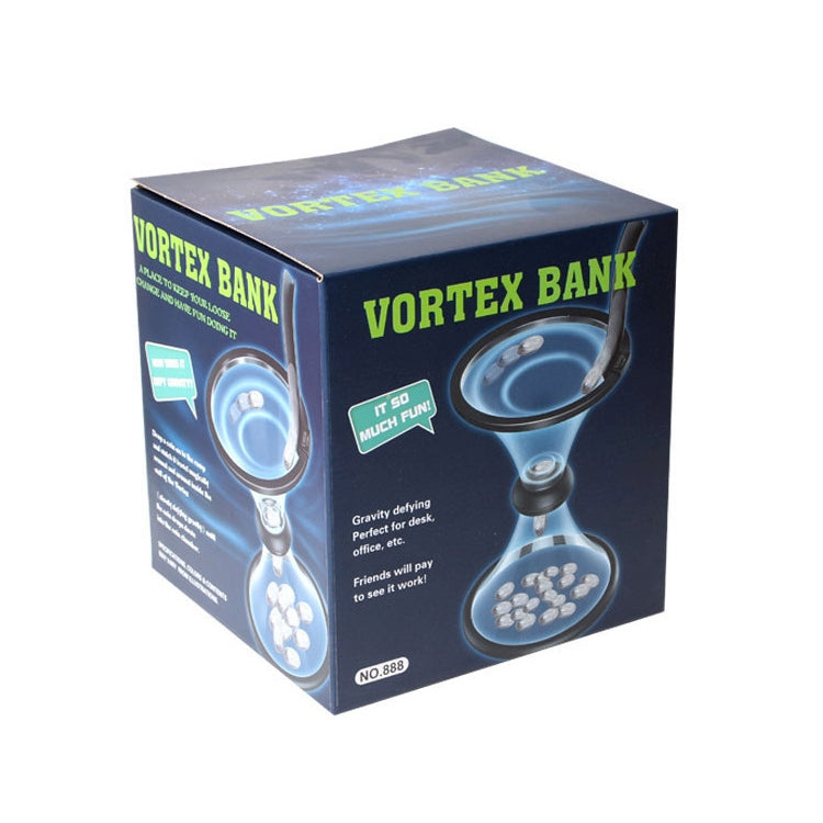 Vortex Bank coin funnel product box packaging with transparent funnel illustration