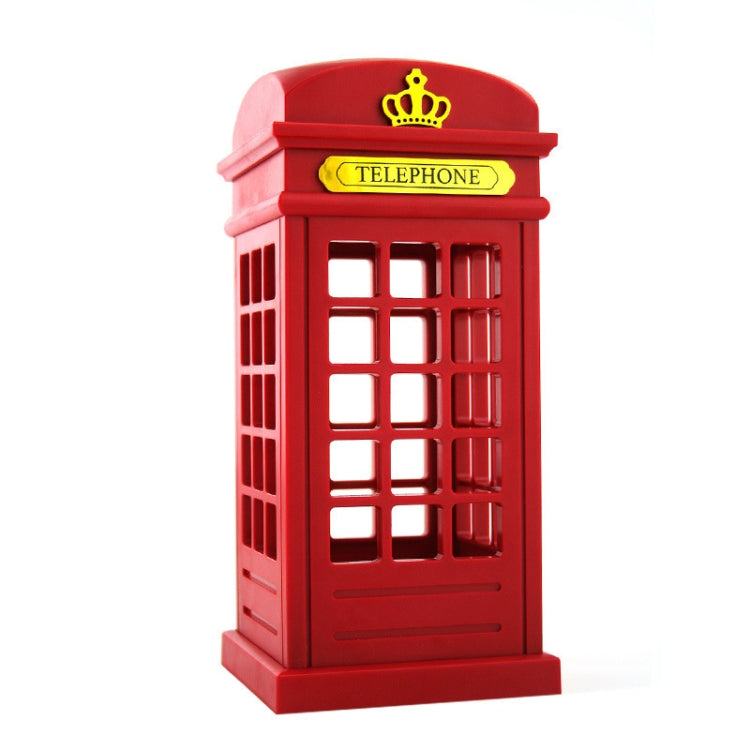 Red phone booth lamp with crown emblem and “TELEPHONE” plaque, front view.