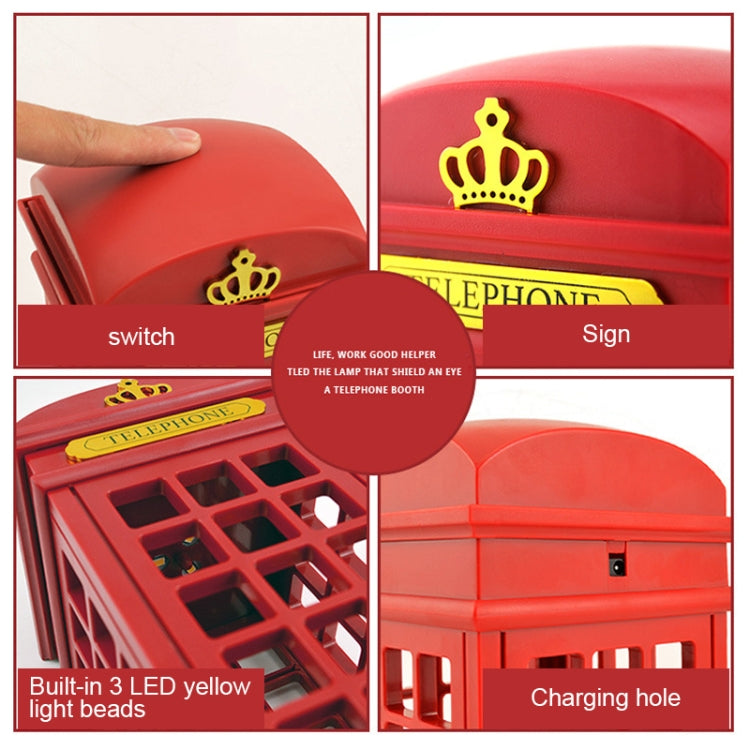 Red phone booth lamp close-ups showing switch, glowing windows, and charging hole.
