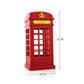 Red phone booth lamp, front view with crown on top; compact bedside design.