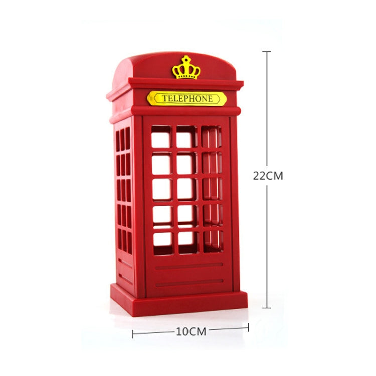 Red phone booth lamp, front view with crown on top; compact bedside design.