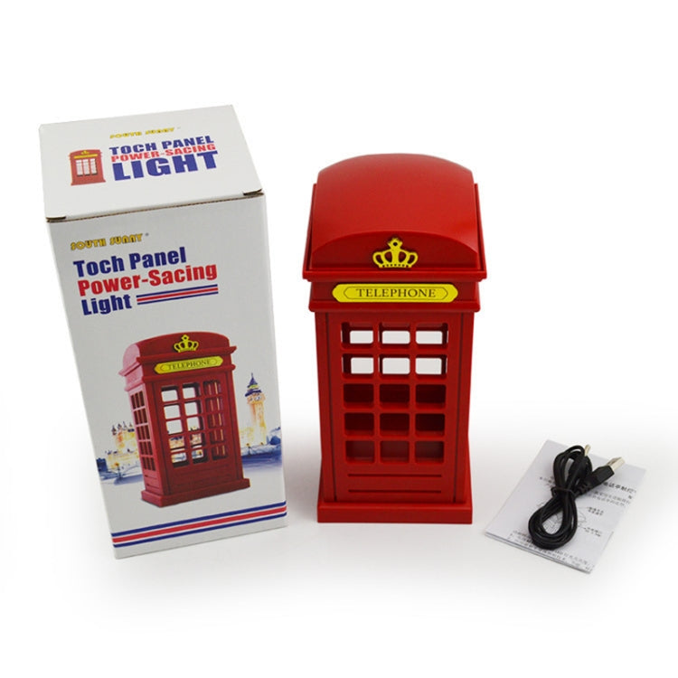 Red touch control phone booth lamp with retail box and USB charging cable.