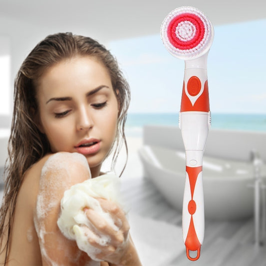 Orange and white electric bath cleansing brush with round red bristle head
