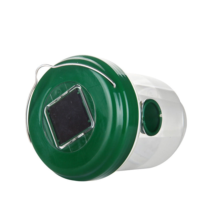 Solar LED insect trap close-up, green circular cap with solar panel and inlet
