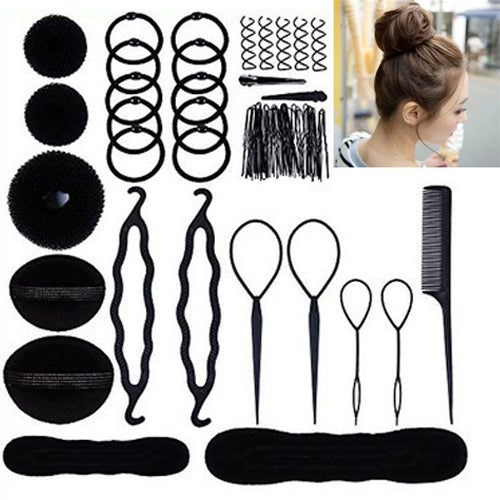 Assorted black hair styling tools set with bun makers, hair rollers, pins, and comb
