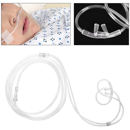 Nasal oxygen cannula on face with transparent double-tube set and tubing length 2m