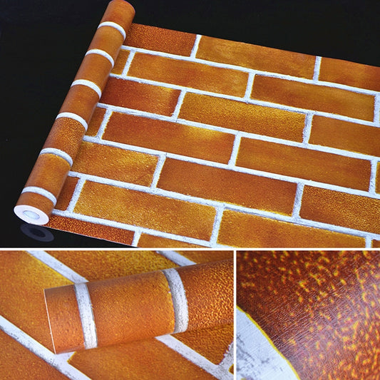 Close-up of horizontal 3D brick wallpaper, reddish brick blocks with white grout bands