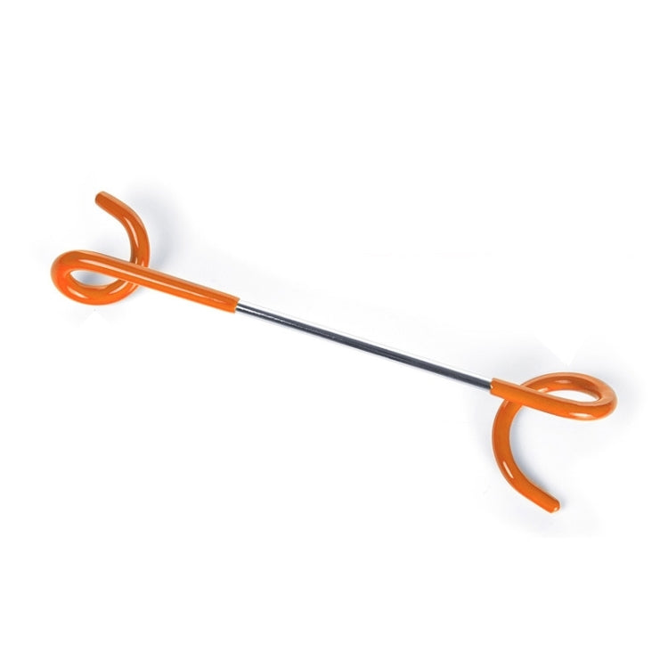 Orange U-handle tent light hook on a black metal rod
