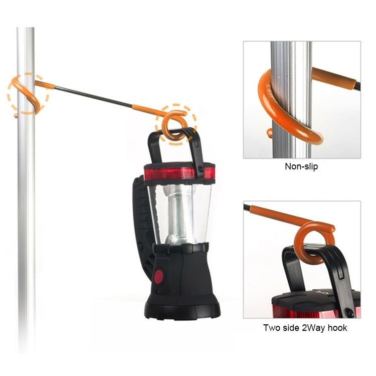 Two-way tent light hook with orange grips and U-shaped clamps for poles