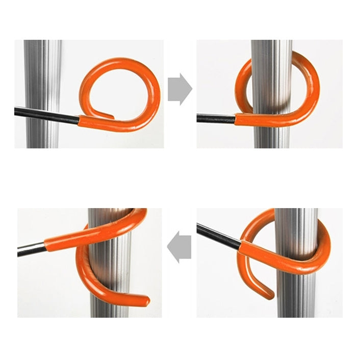 Close-up of orange U-shaped pole light hook clamp with non-slip grip