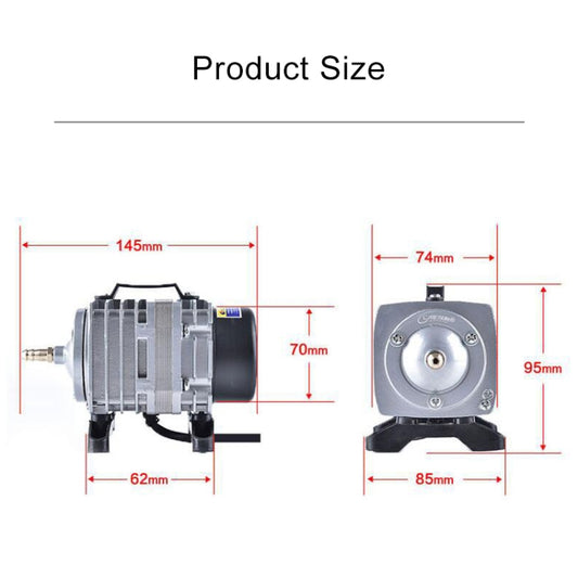 Air pump compressor size diagram with front and side dimension outlines