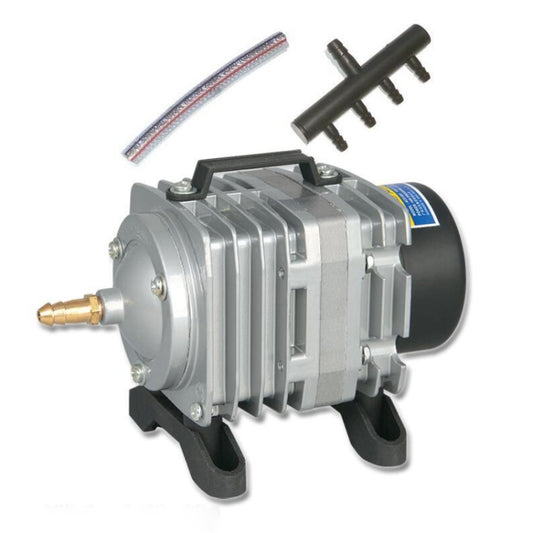Electromagnetic air pump compressor, silver metal housing with black feet and ports