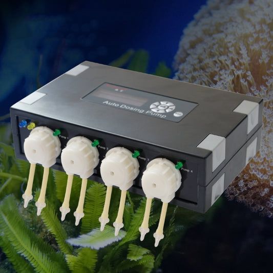 Four-channel auto dosing pump with four white peristaltic dispenser heads and tubes
