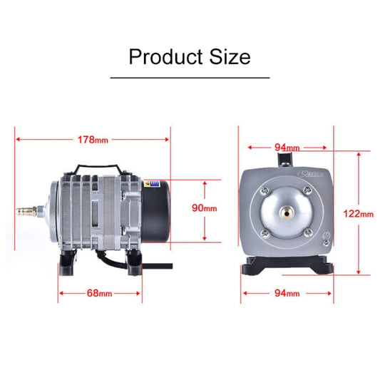 Air pump size diagram with front and side measurements of compressor unit