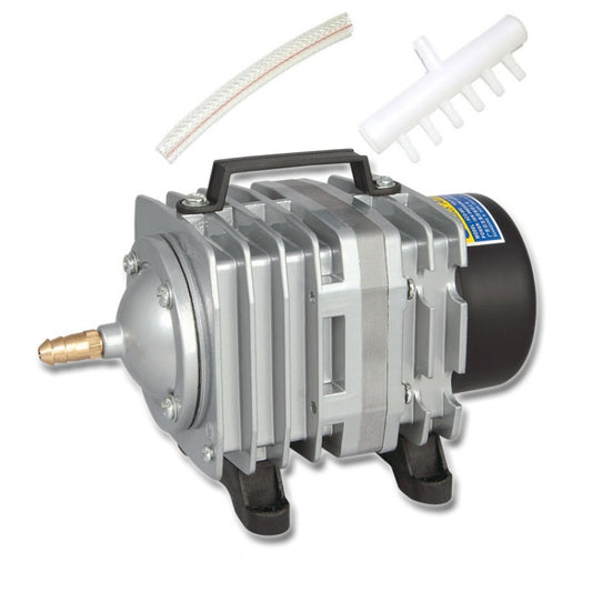 Electromagnetic air pump compressor with silver body, black feet, and white air outlet