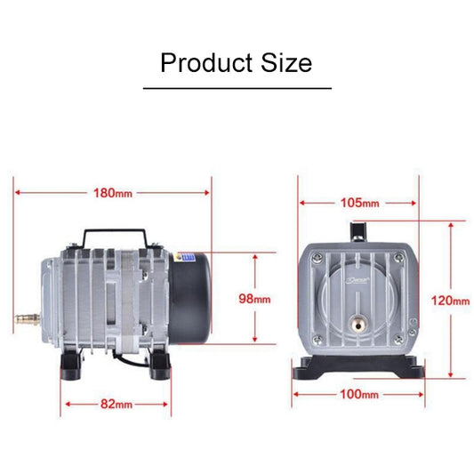 Electromagnetic air pump compressor size diagram with front and side measurements