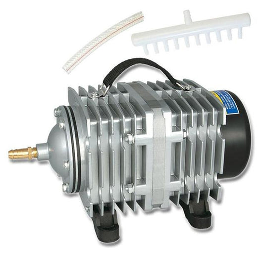 Compact electromagnetic air pump compressor with black power cable and tubing