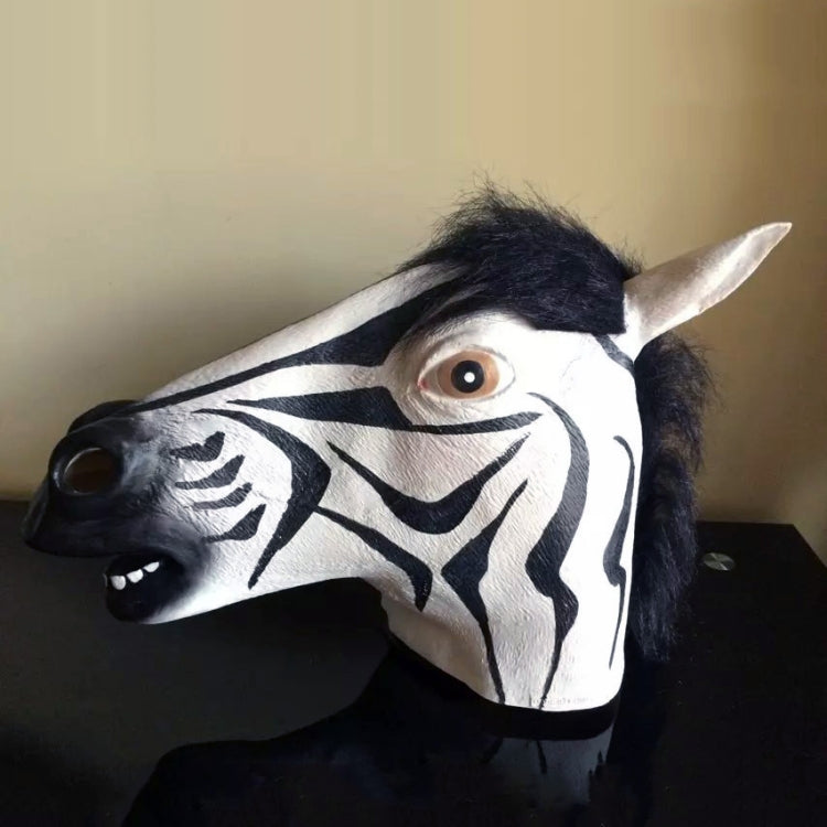 Zebra horse head masquerade mask with black-and-white stripe pattern and pointed ears