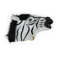 Zebra horse head mask with long black mane, zebra stripes, and gray eyes