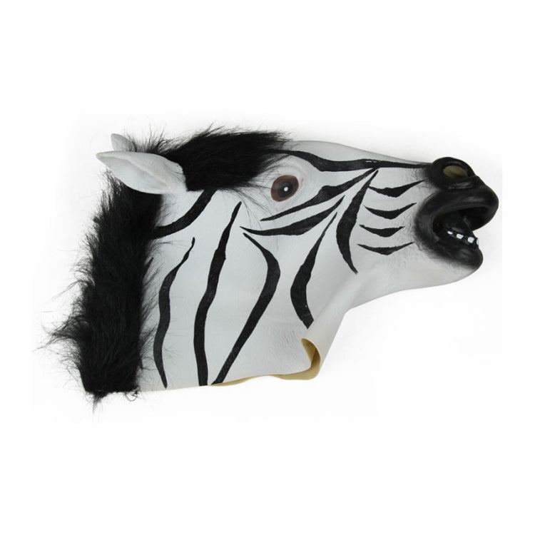 Zebra horse head mask with long black mane, zebra stripes, and gray eyes