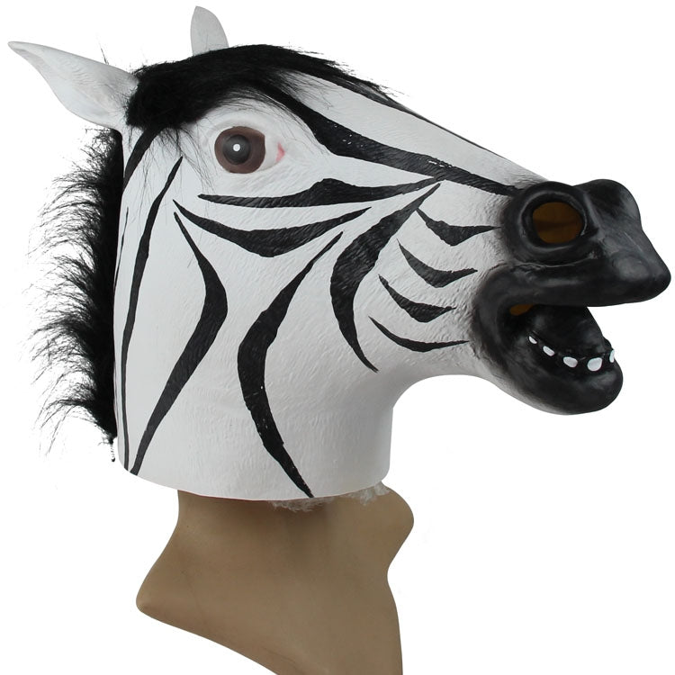 Zebra horse head mask with front zebra striping, black muzzle, and large ears