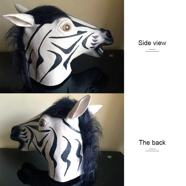 Zebra horse head mask showing side and back, black mane, and zebra stripe face