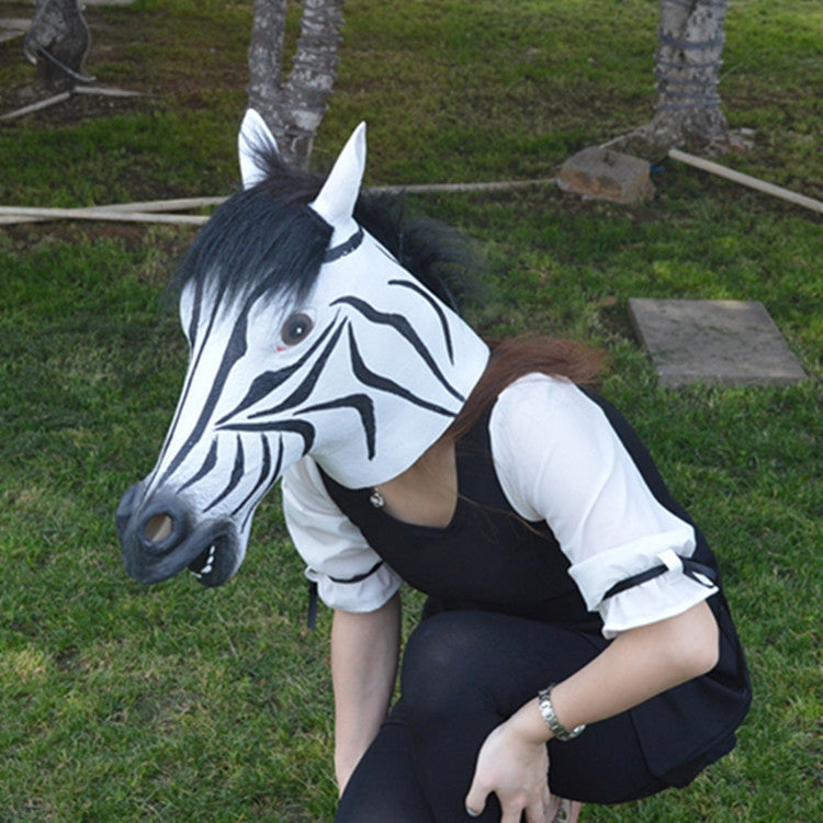 Zebra horse head mask worn on head with long black mane and zebra stripe face