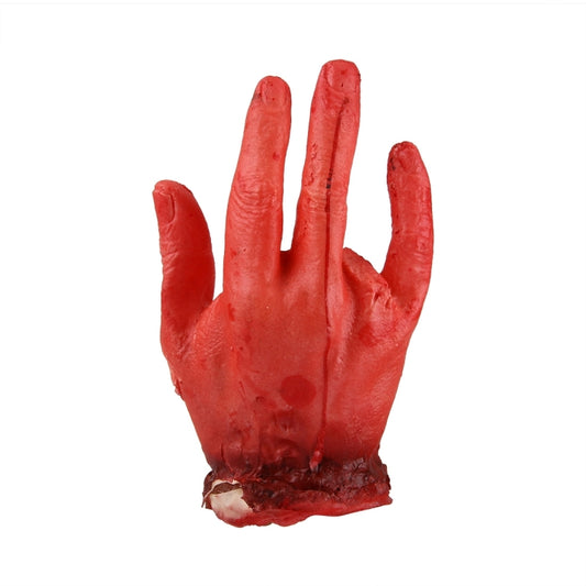 Bloody four-finger fake hand prop, red palm with dark stains, open fingers.