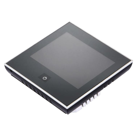 Black square touch room thermostat with dark screen panel and silver frame