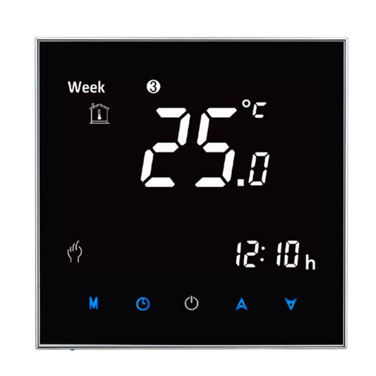 Black LCD room thermostat with week heating display, 25.0°C and 12:10h