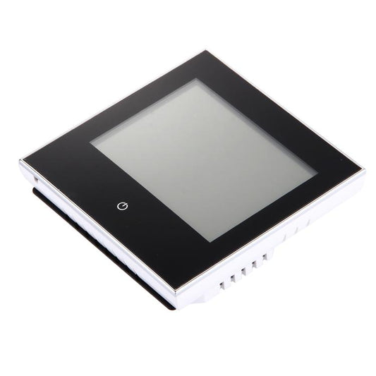 Black square touch LCD WiFi room thermostat with blank screen and side vent slots.