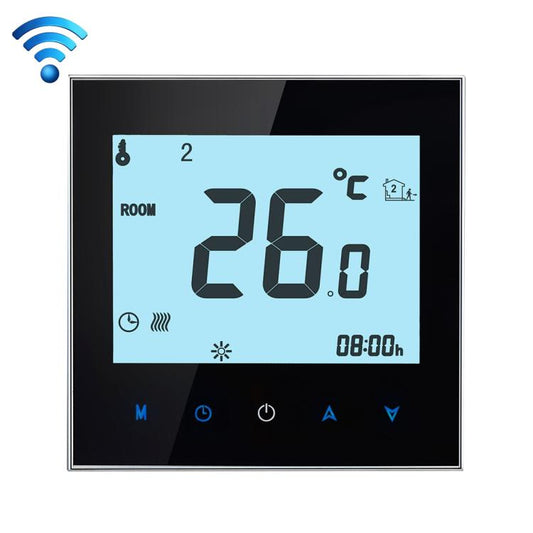 Black WiFi room thermostat with touch LCD showing 26.0°C and clock 08:00