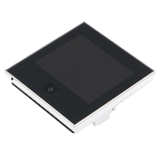 Black touchscreen thermostat with dark LCD screen and silver side frame