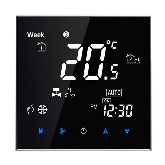 Black wall thermostat with LCD showing Week, AUTO, 20.5°C and 12:30 PM