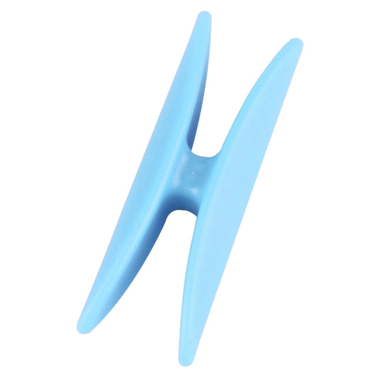 Light blue plastic I-shaped bag holder, side view with forked ends