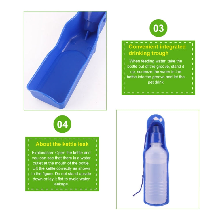 Blue 250ml portable pet water bottle with integrated drinking trough and lanyard