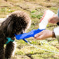 Blue 250ml portable pet water bottle squeezed to pour water into a dog’s bowl