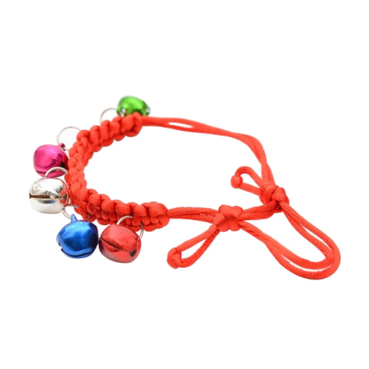 Adjustable woven pet bell collar with red braided cord and assorted shiny bell caps