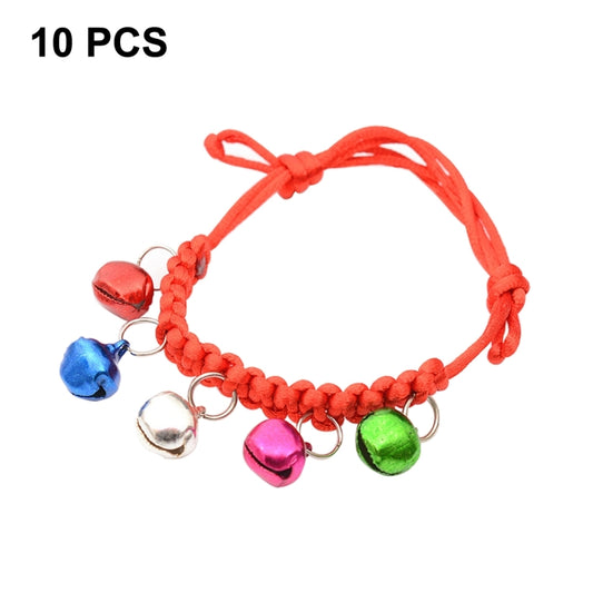 Adjustable woven pet bell collar, red braided cord with red, blue, silver, pink, green bells