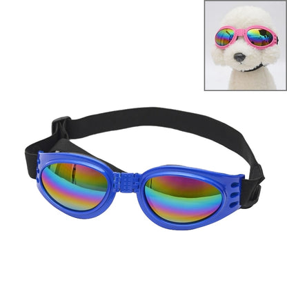 Blue dog foldable polarized sunglasses with rainbow lenses and black adjustable strap