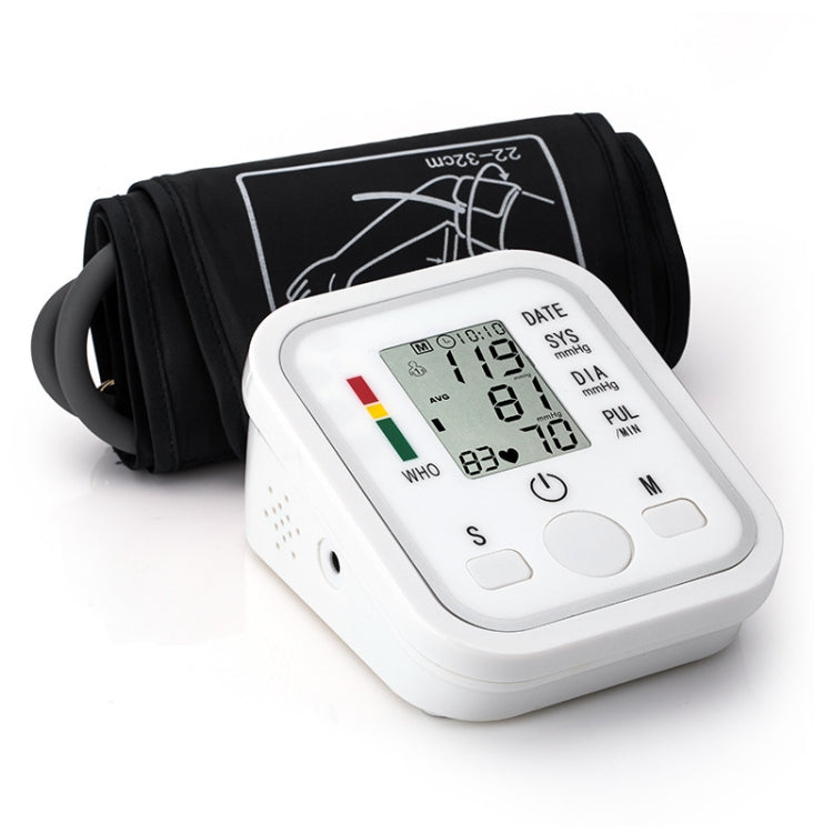 Upper arm blood pressure monitor with black cuff and white LCD screen reading