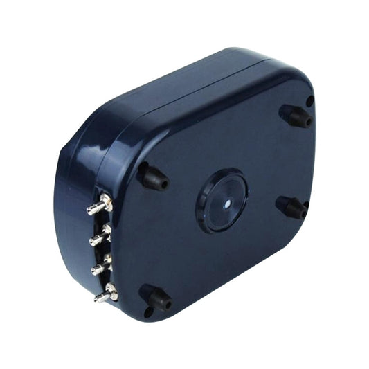 Aquarium air pump side view with outlet fittings and control dial