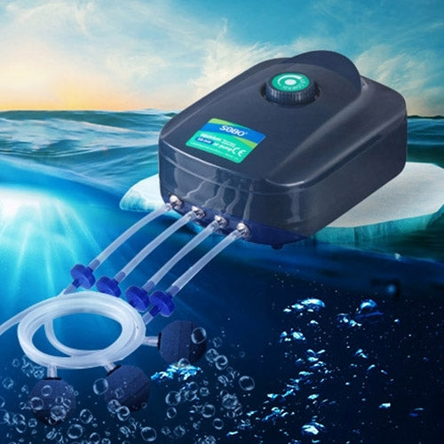 Aquarium air pump connected to tubing with air stones producing bubbles