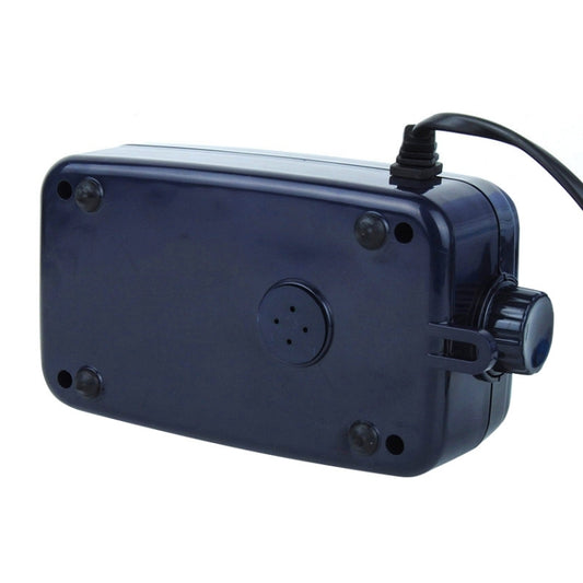SOBO aquarium air pump, black side view with control knob and tubing connection