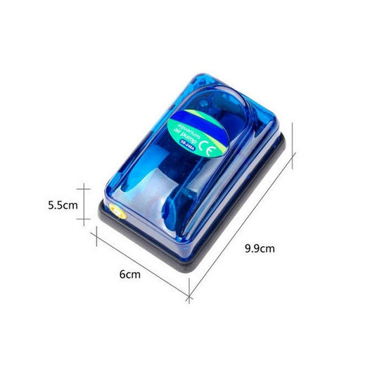 Aquarium air pump, blue translucent housing, shown with size measurement lines